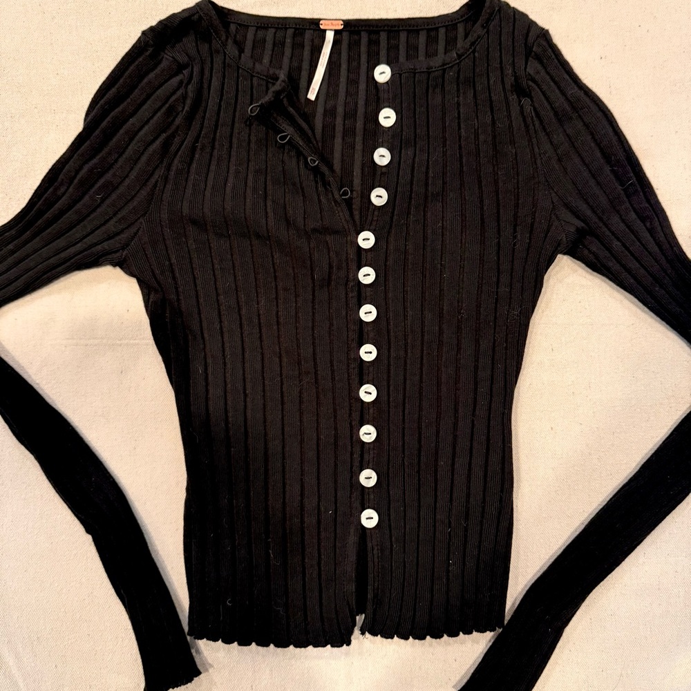 Free People Black Ribbed Cardigan with White Buttons